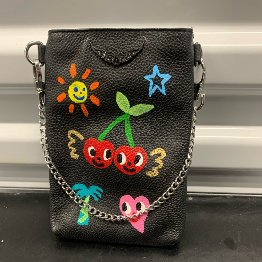 Zadig & Voltaire Black Leather Crossbody Phone Bag with Humberto Cruz Artwork